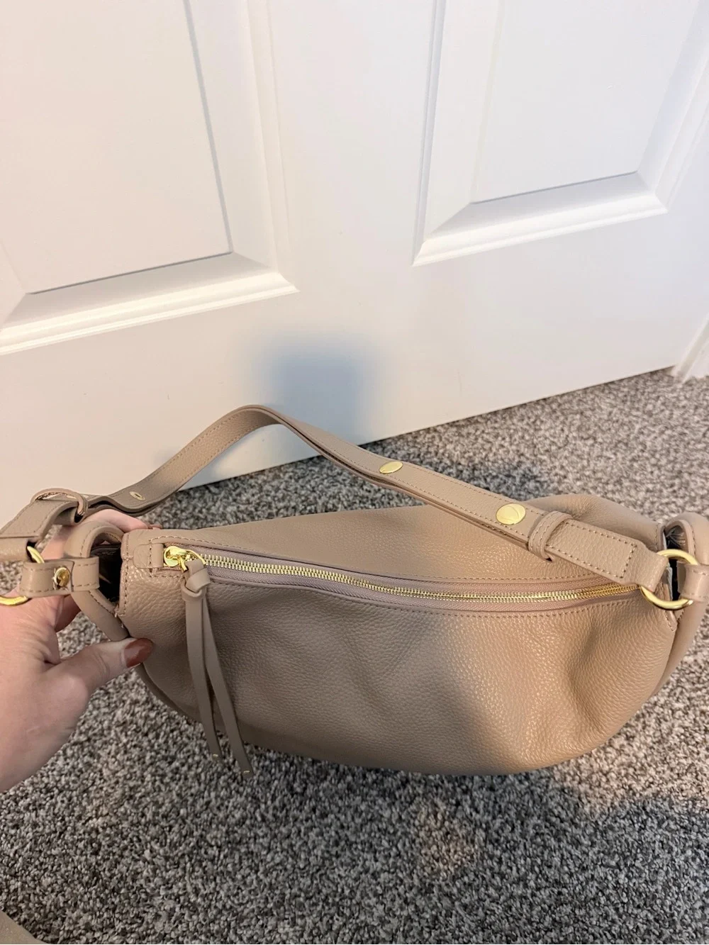 Pebbled Taupe Leather Hobo Shoulder Bag